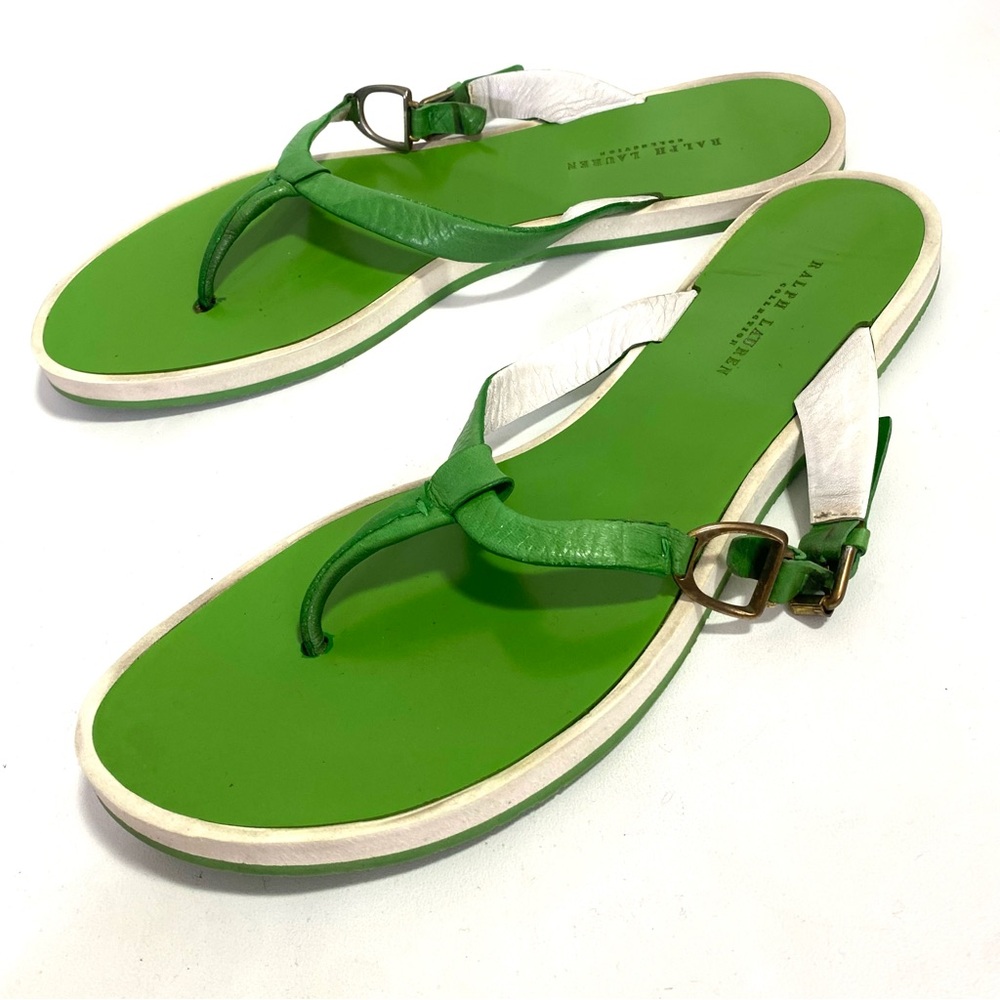Ralph Lauren Collection Green Leather Thong Flat Sandals 10 Buckle Slip On